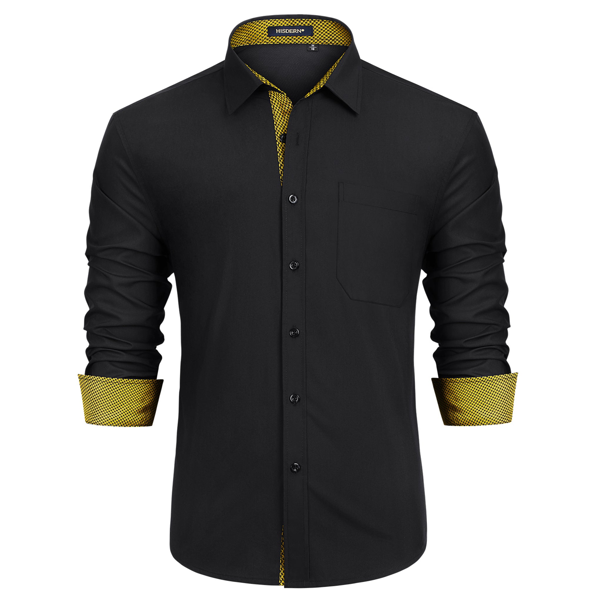 Hisdern Men's Black Gold Splicing Dress Shirt for Office Wear S