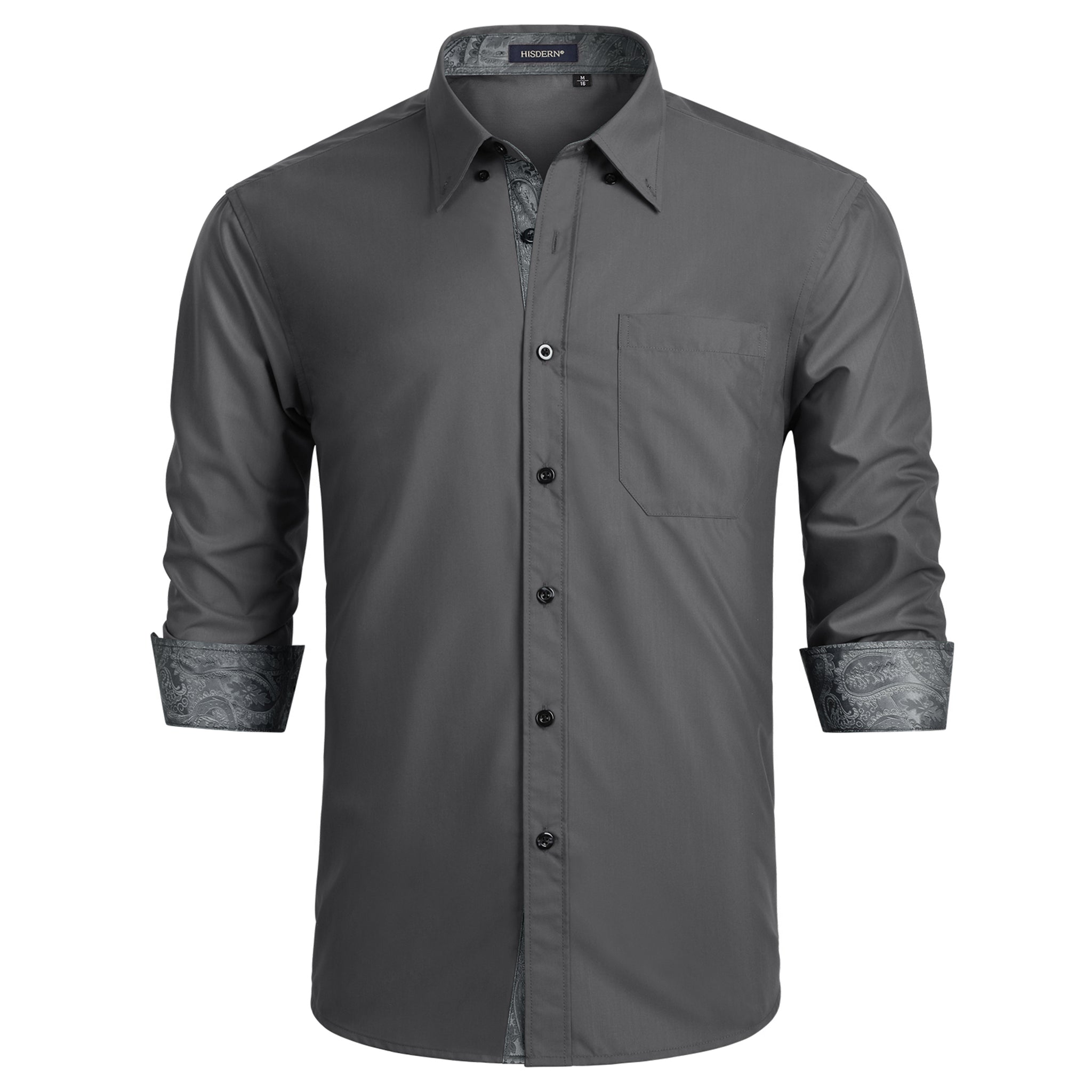 Hisdern Men's Grey Paisley Splicing Dress Shirt for Office Wear L
