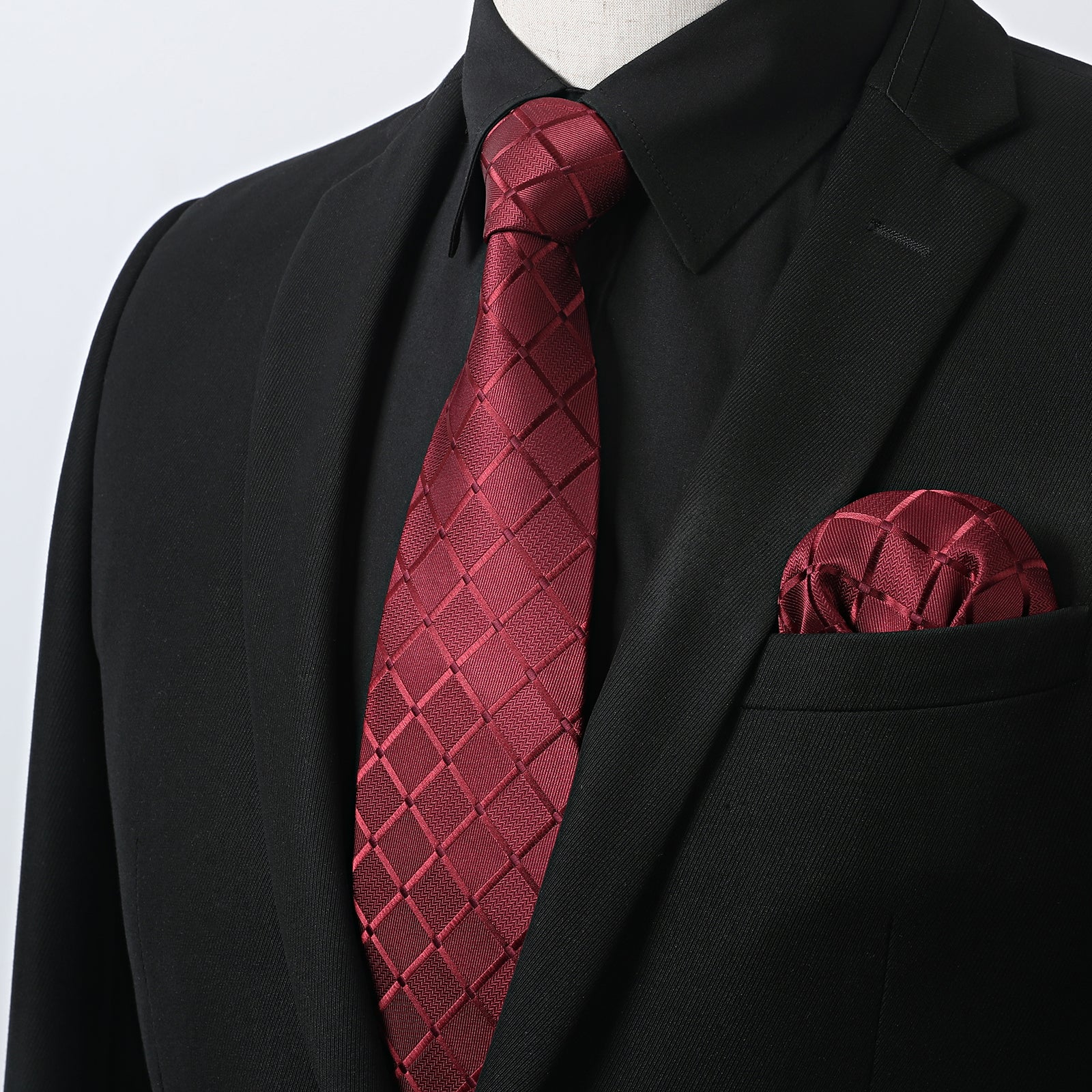 HISDERN Men s Shirt with Tie Handkerchief Set 01 BLACK RED S