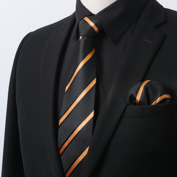 Men's Shirt with Tie Handkerchief Set - 01-BLACK/GOLD 