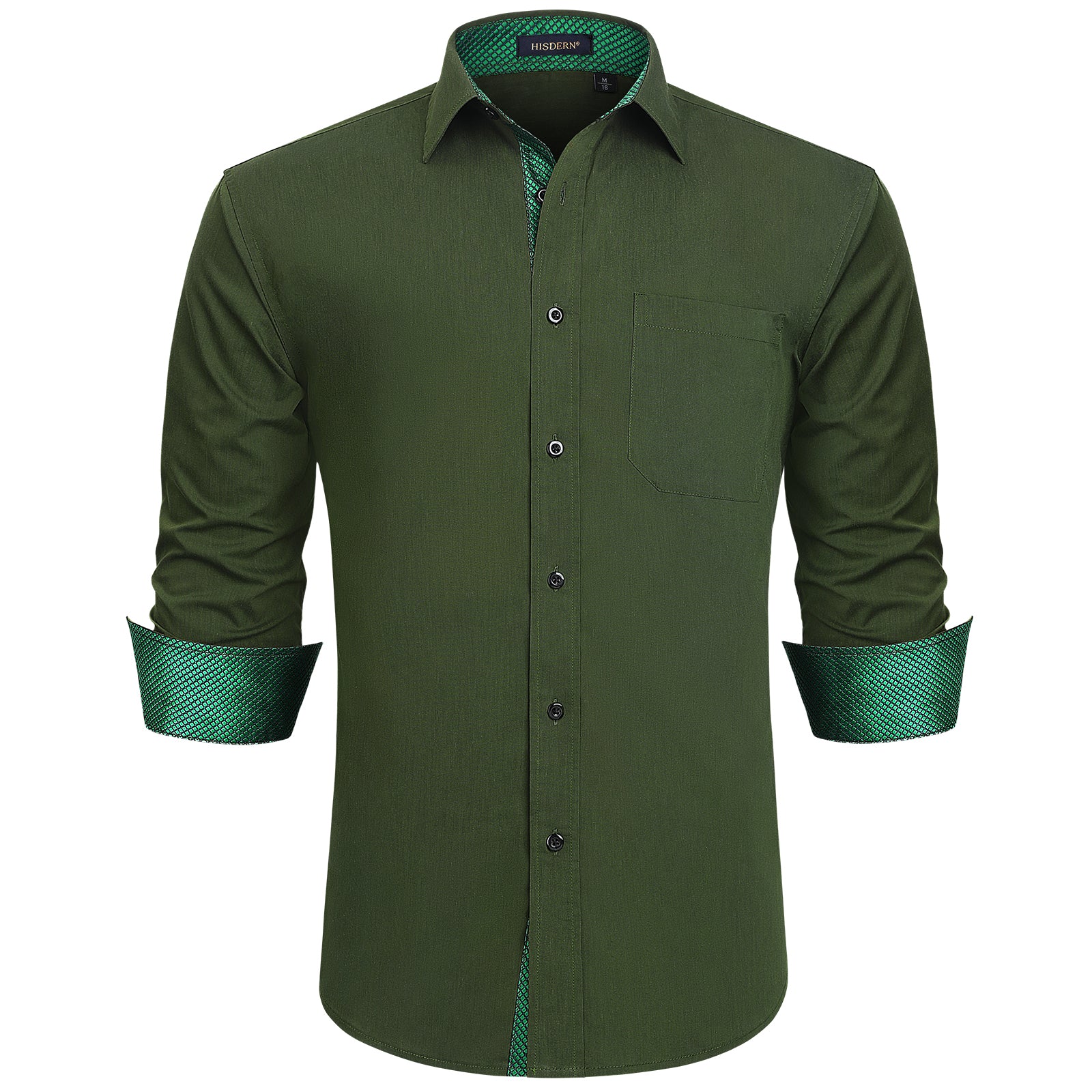 Hisdern Men's Green Plaid Splicing Dress Shirt For Office Wear S Hisdern Men's Green Plaid Splicing Dress Shirt For Office Wear S