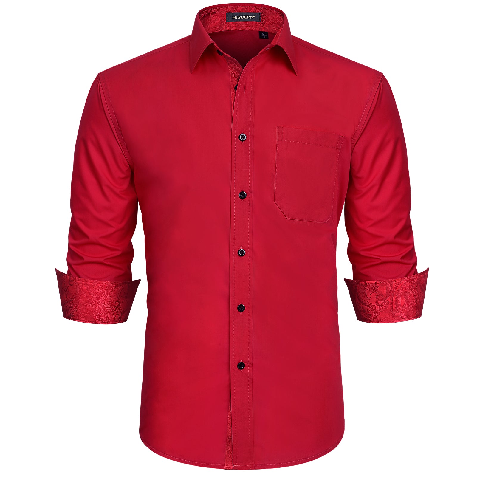 Hisdern Men's Red Paisley Splicing Dress Shirt for Office Wear L