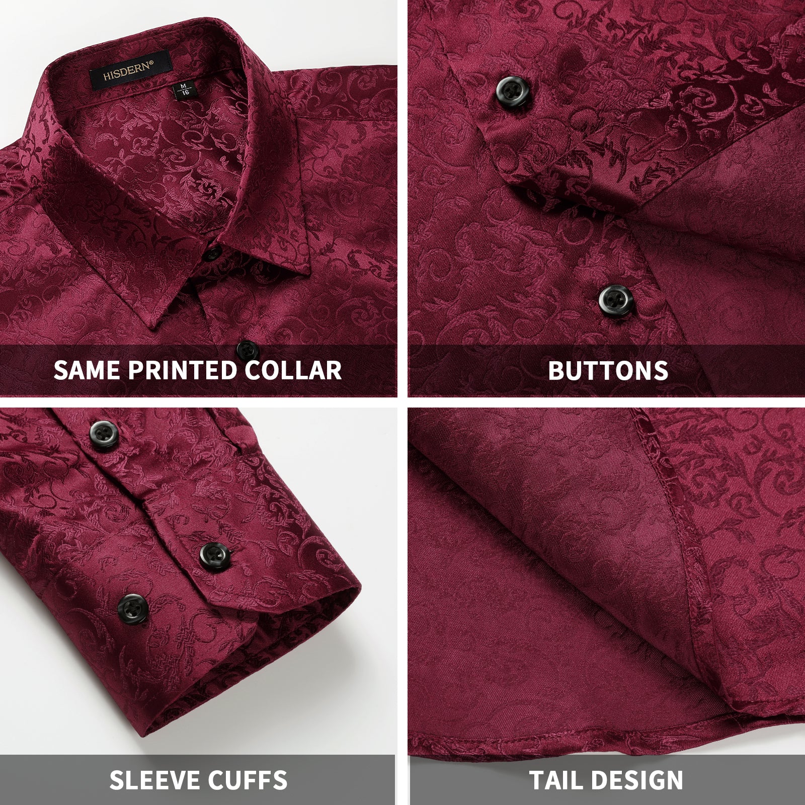 Floral Satin Dress Shirt - 05-BURGUNDY RED