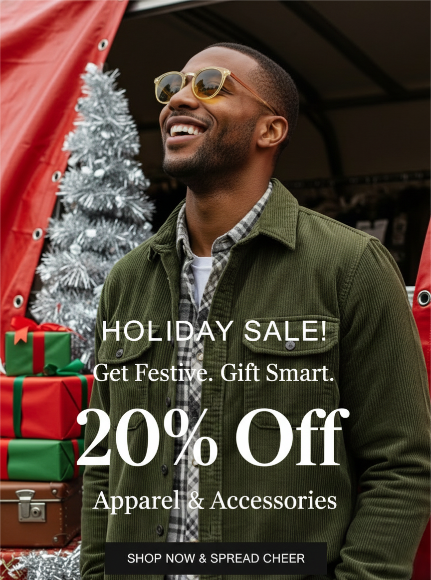 Man wearing sunglasses and a green jacket with holiday sale text overlay