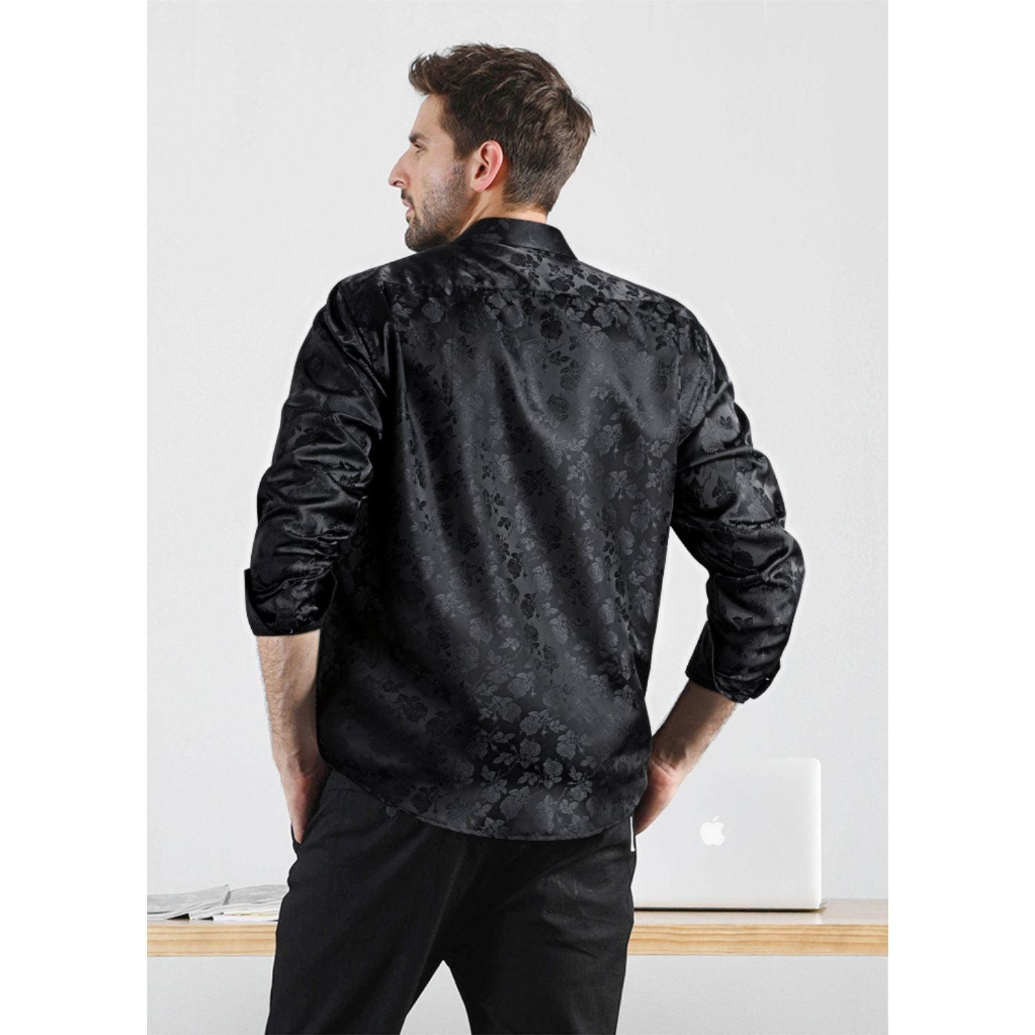 Floral Satin Dress Shirt - 01-BLACK