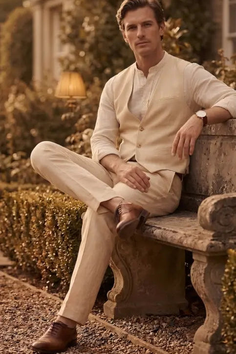 A man wearing a light beige linen shirt and matching trousers sits on a stone bench in a garden setting with warm golden-hour lighting.