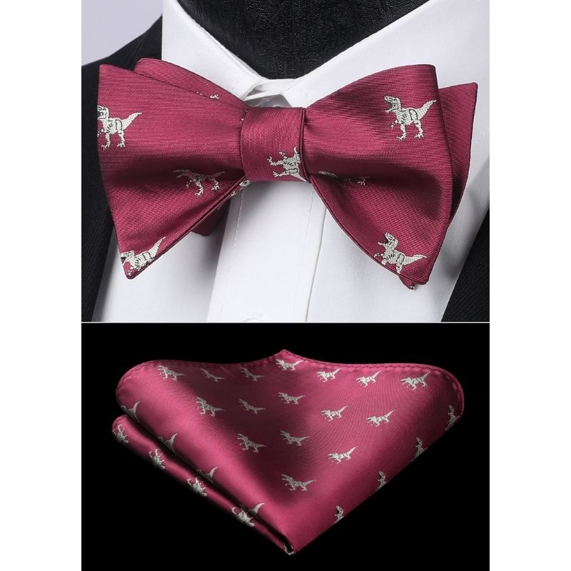 Fun Animal Bow Tie & Pocket Square - DINASOUR/BURGUNDY