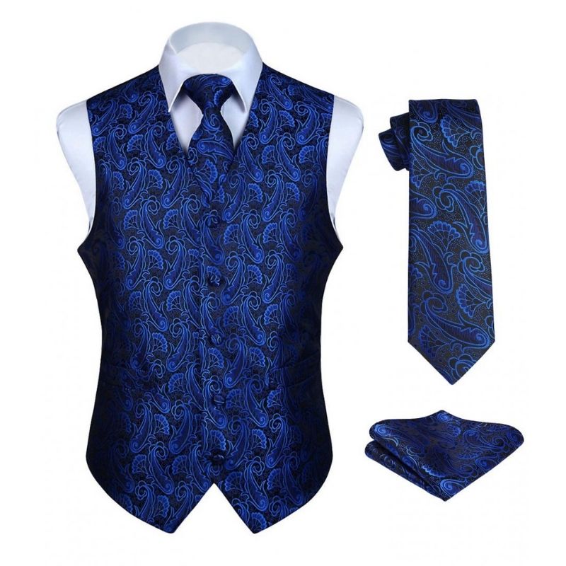 Hisdern Men's Blue Black Paisley Vest Tie Set for Weddings S