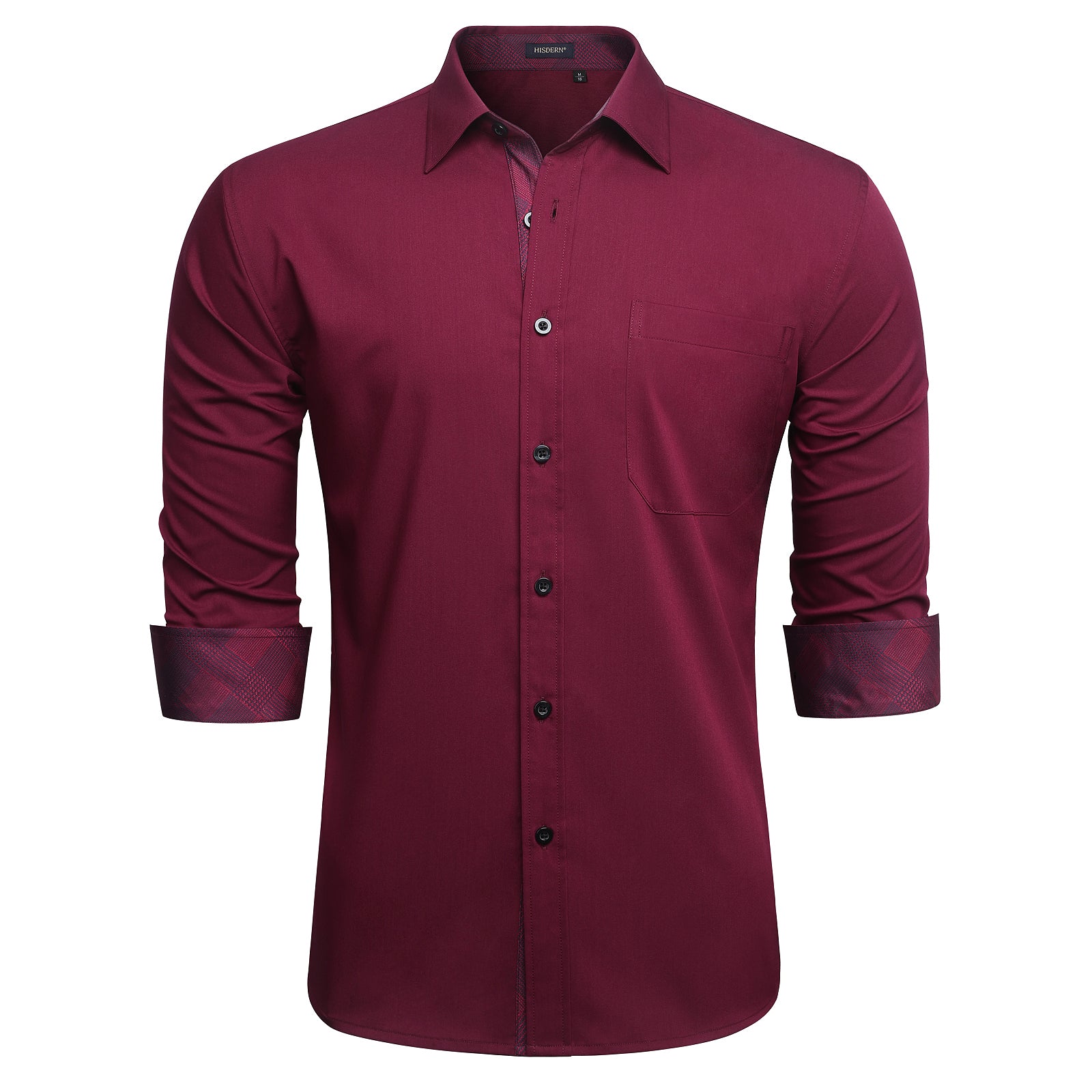 Hisdern Men's Burgundy Dress Shirt with Contrast Collar for Casual L