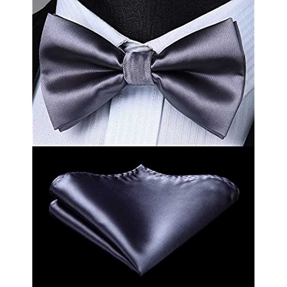 Solid Suspender Pre-Tied Bow Tie Handkerchief - A10-GREY