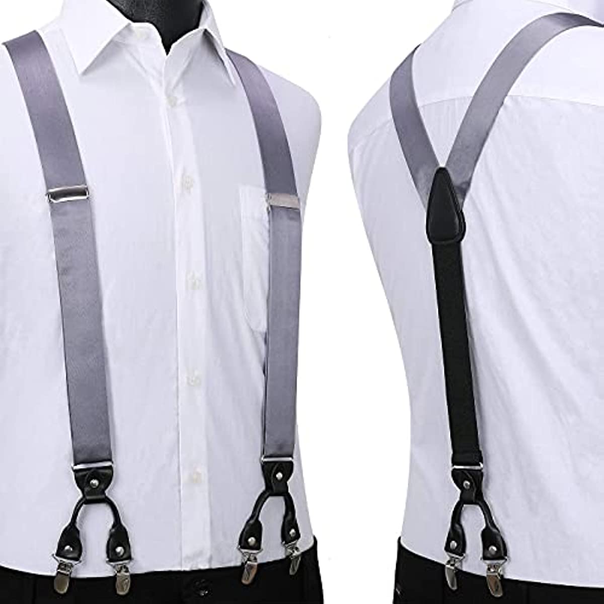 Solid Suspender Pre-Tied Bow Tie Handkerchief - A10-GREY