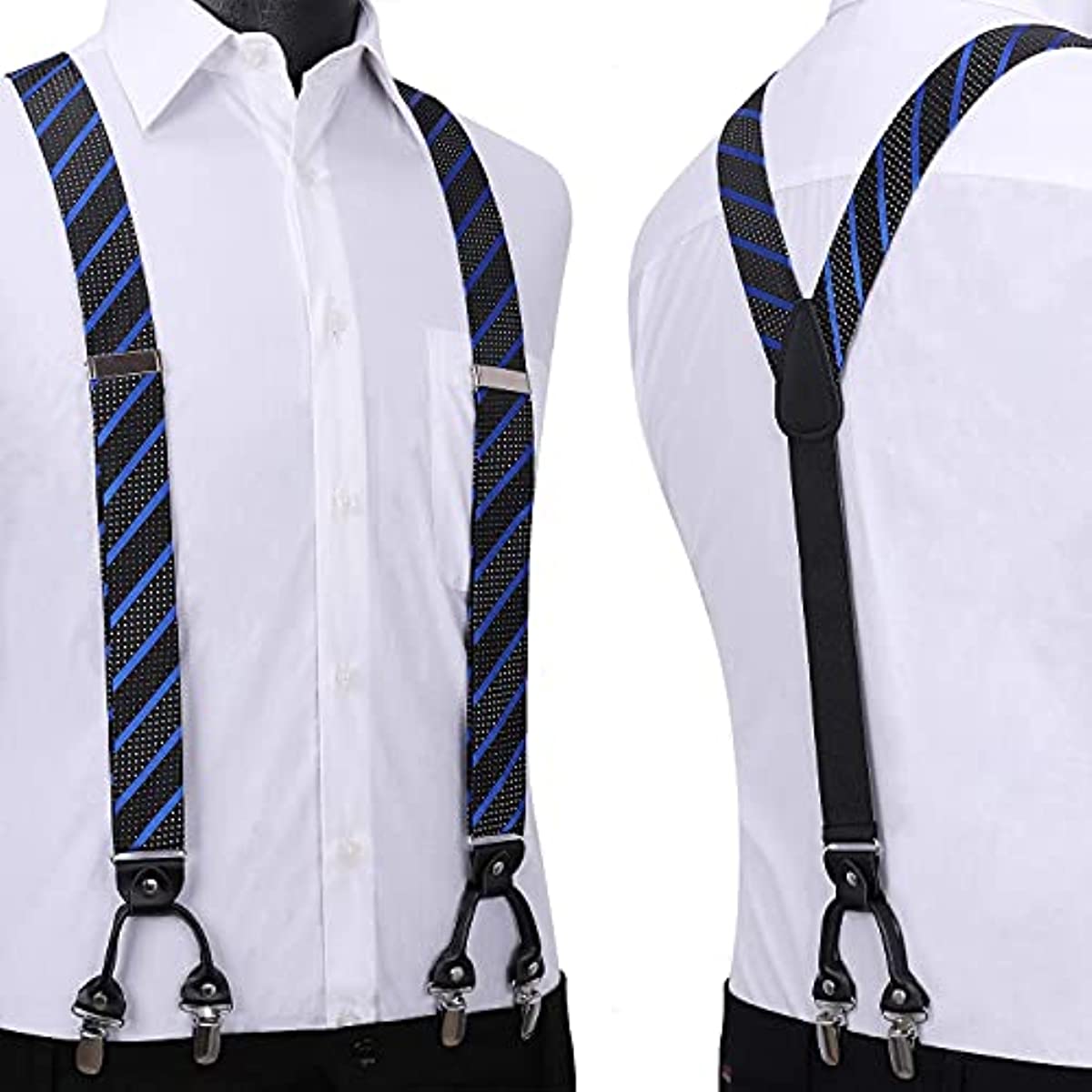 Stripe Suspender Bow Tie Handkerchief - BLACK/NAVY BLUE