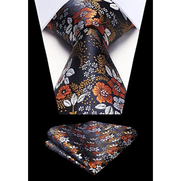 Floral Tie Handkerchief Set - X-BLACK ORANGE