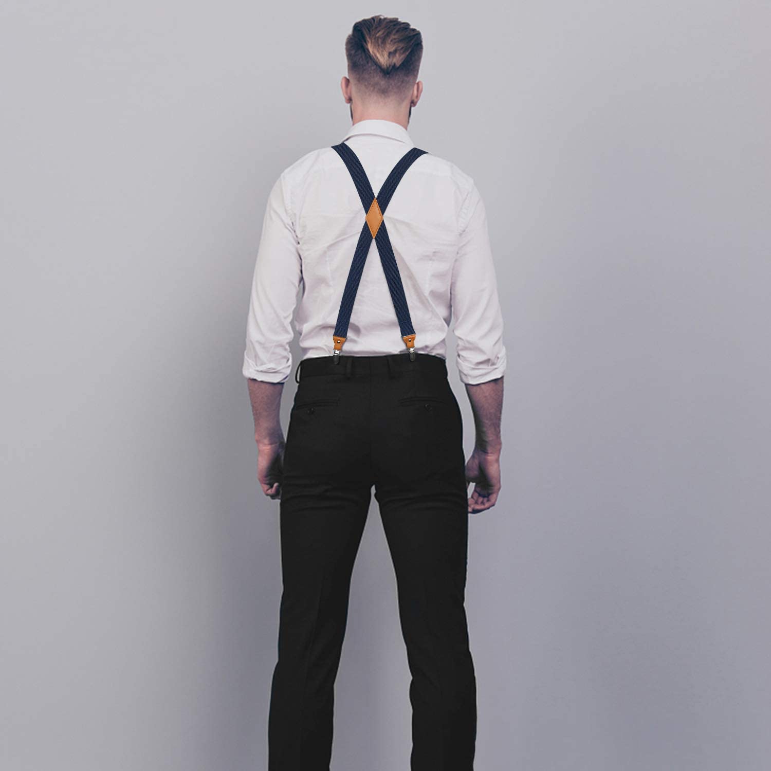 X Shaped Adjustable Suspender With 4 Clips Navy Blue