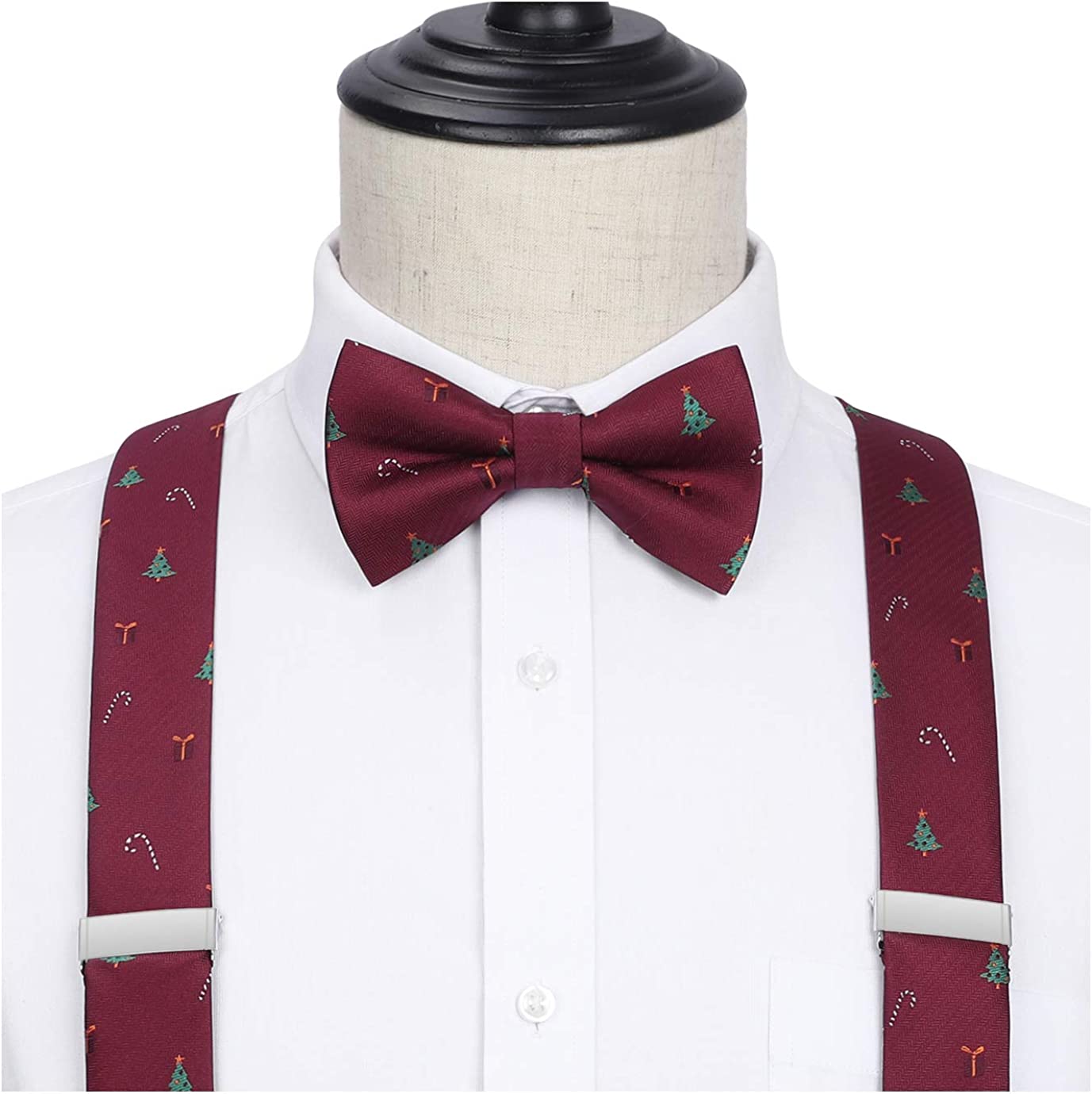 Christmas Suspender Pre Tied Bow Tie Handkerchief 07 Burgundy Green White