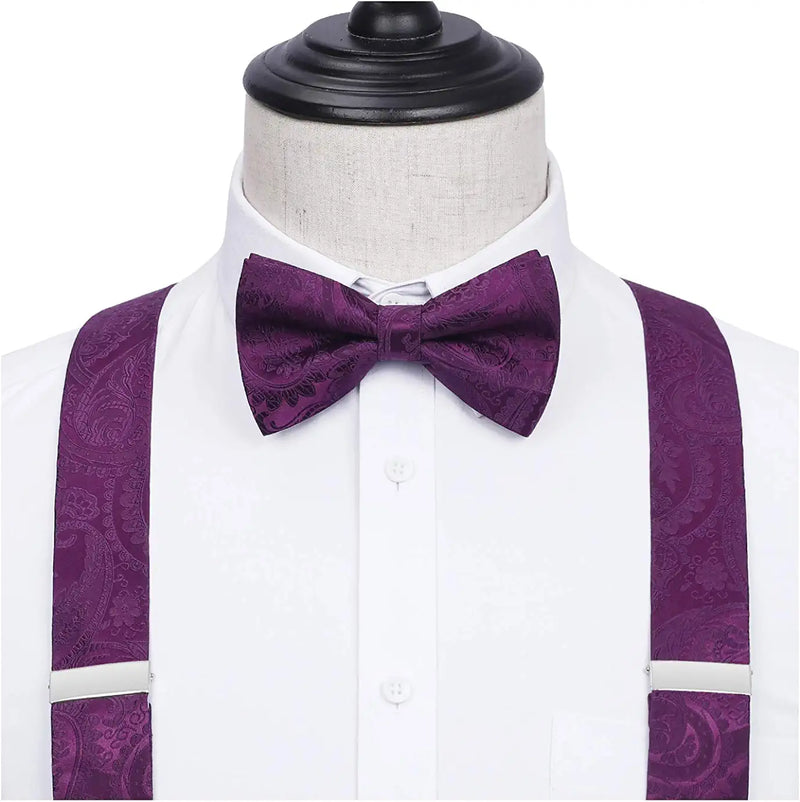 Floral Paisley Suspender Pre Tied Bow Tie Handkerchief C5 Purple Plum