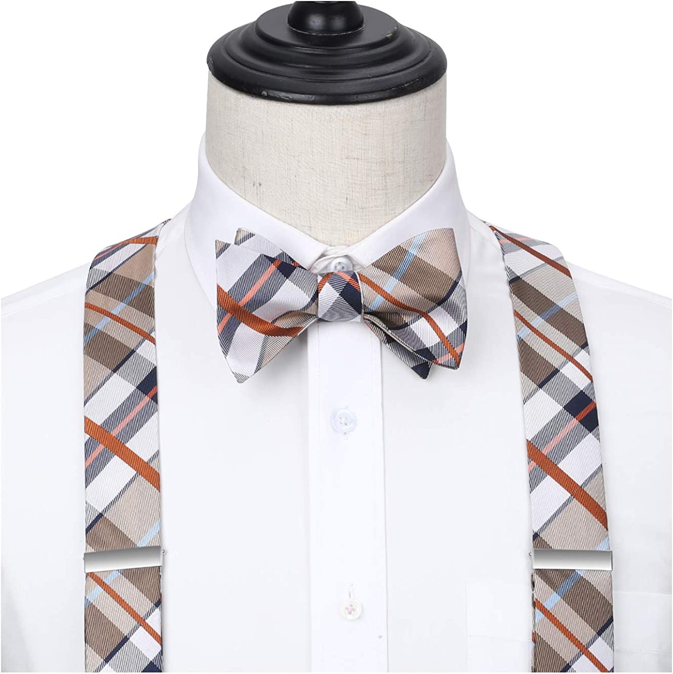 Plaid Suspender Bow Tie Handkerchief Khaki White