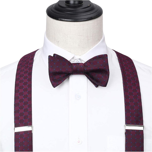 Plaid Suspender Bow Tie Handkerchief C7 Purple