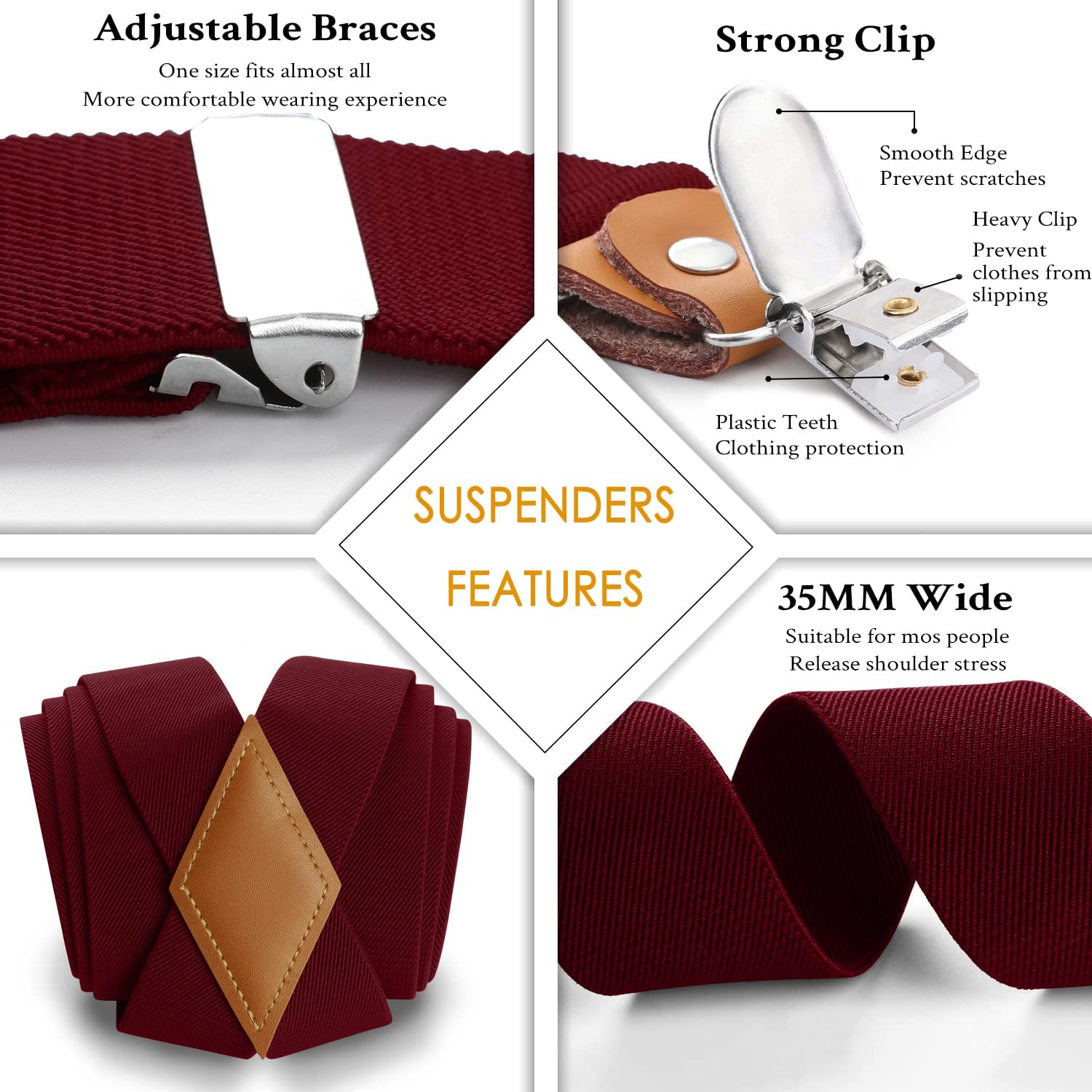X Shaped Adjustable Suspender With 4 Clips Maroon