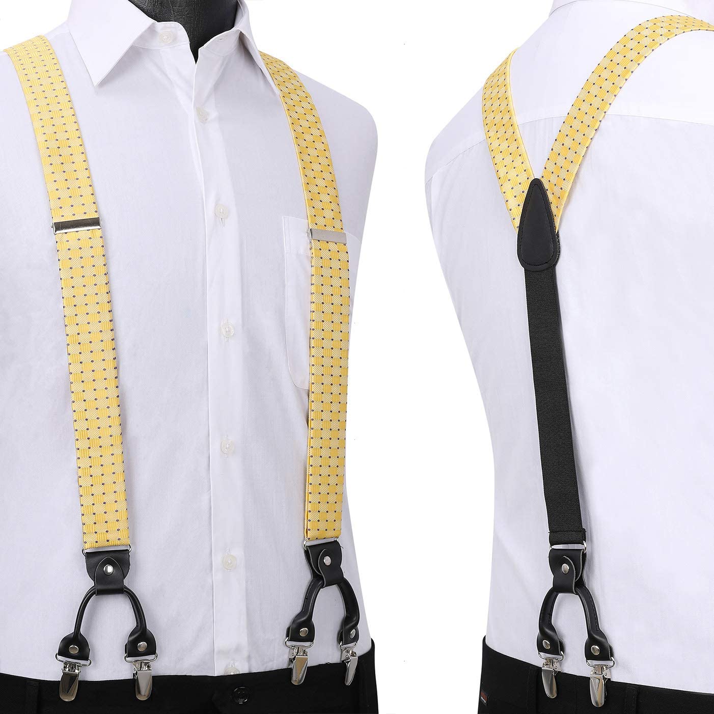 Plaid Suspender Bow Tie Handkerchief Yellow Purple Dot
