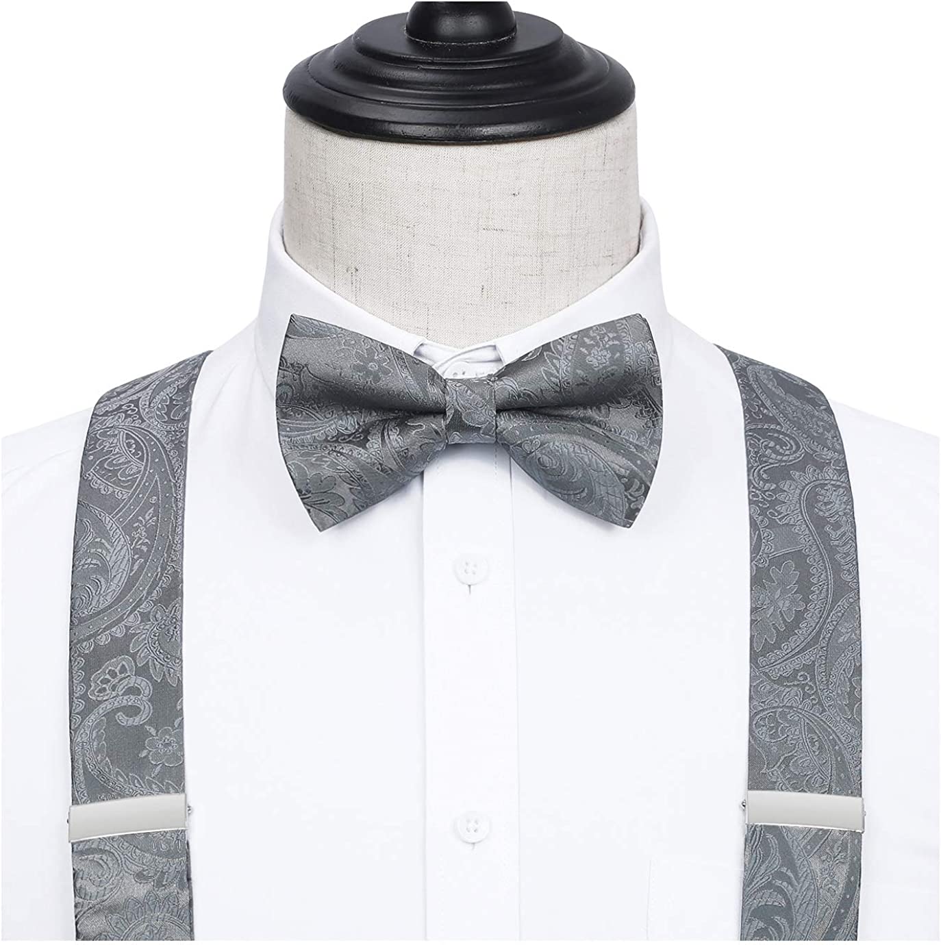 Floral Paisley Suspender Pre Tied Bow Tie Handkerchief C16 Gray