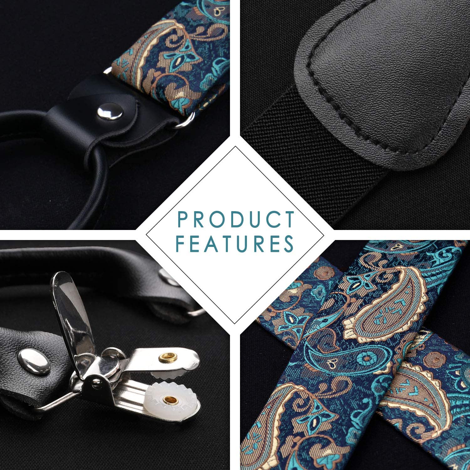 Floral Paisley Suspender Bow Tie Handkerchief 7 Green Aqua Brown