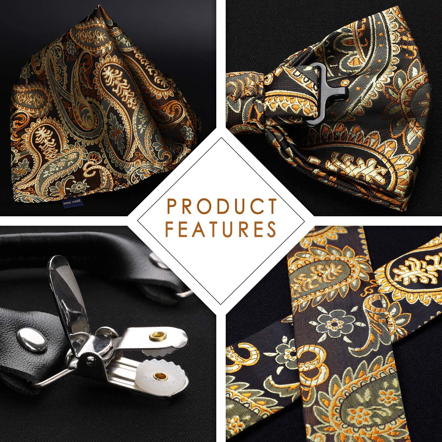 Floral Paisley Suspender Pre Tied Bow Tie Handkerchief B5 Brown Gold