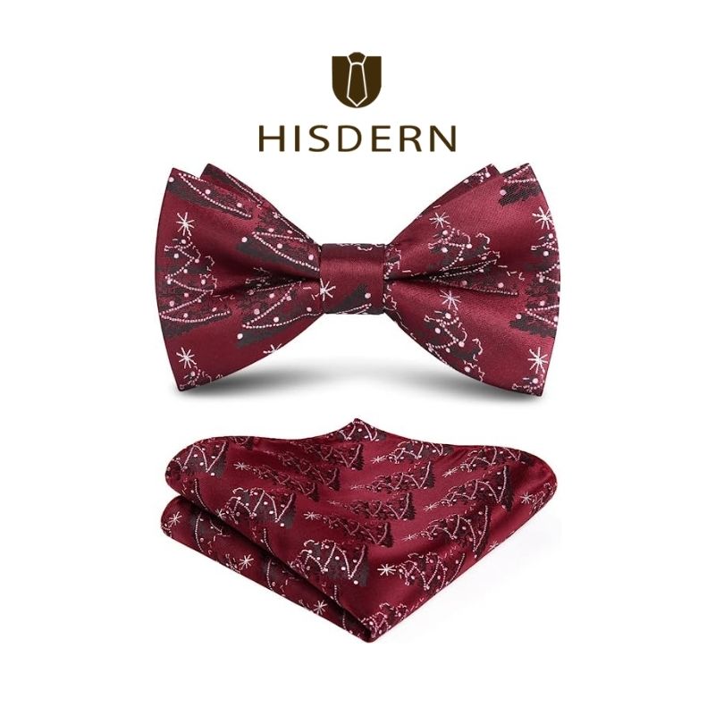 Christmas Pre-Tied Bow Tie & Pocket Square - 08-BURGUNDY/WHITE