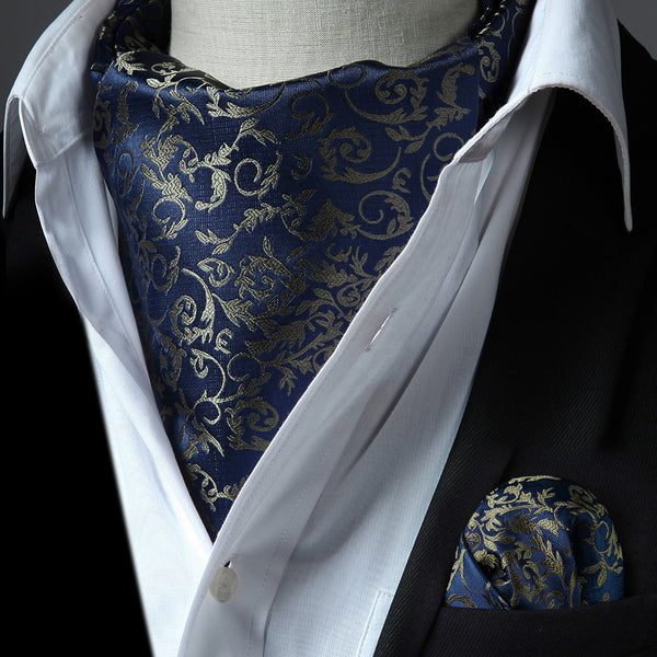 Floral Paisley Ascot Cravat Scarf Navy Blue Tan