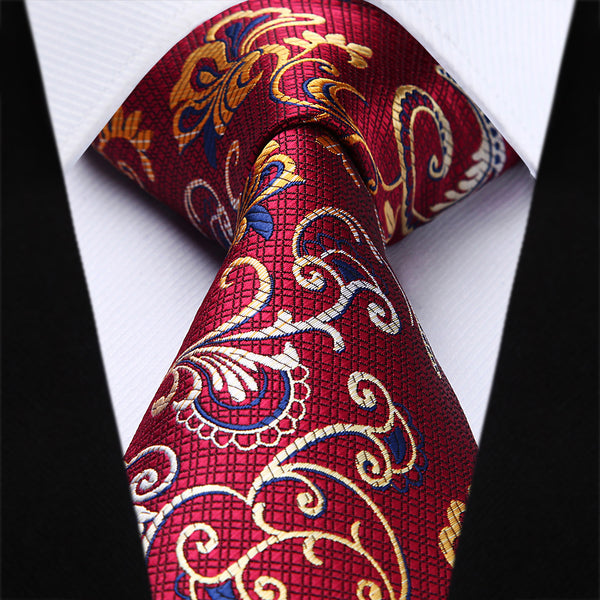 Paisley Floral Tie Handkerchief Set - BURGUNDY/YELLOW