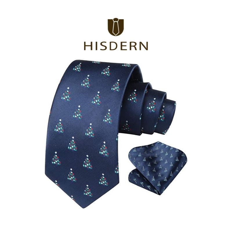 Christmas Tie Handkerchief Set Navy Blue Red Green
