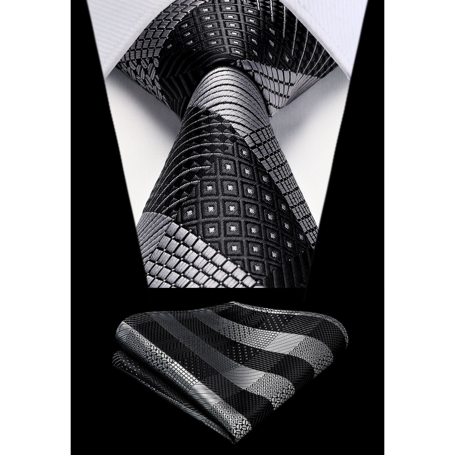 Plaid Tie Handkerchief Set - A-BLACK GREY