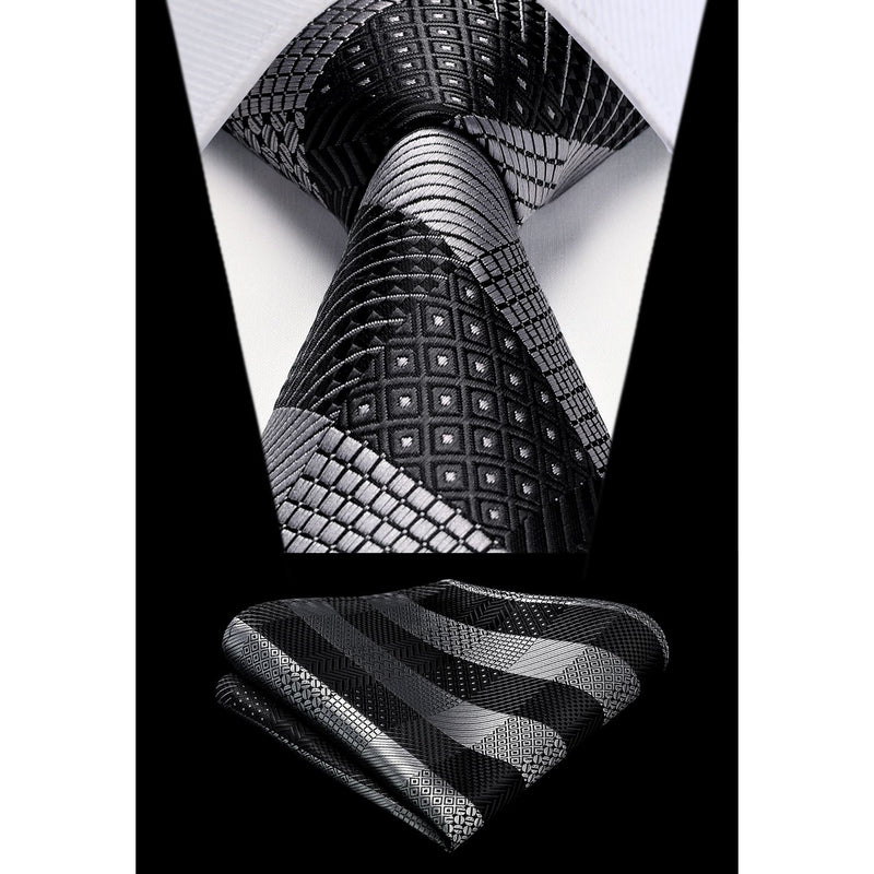 Plaid Tie Handkerchief Set - A-BLACK GREY 