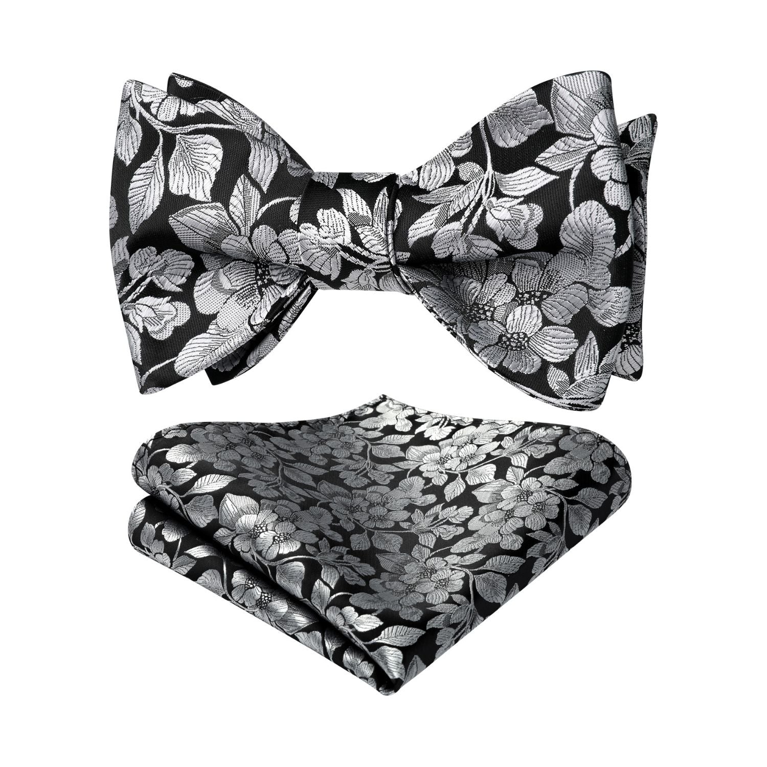Floral Tie Handkerchief Set - BLACK/SILVER
