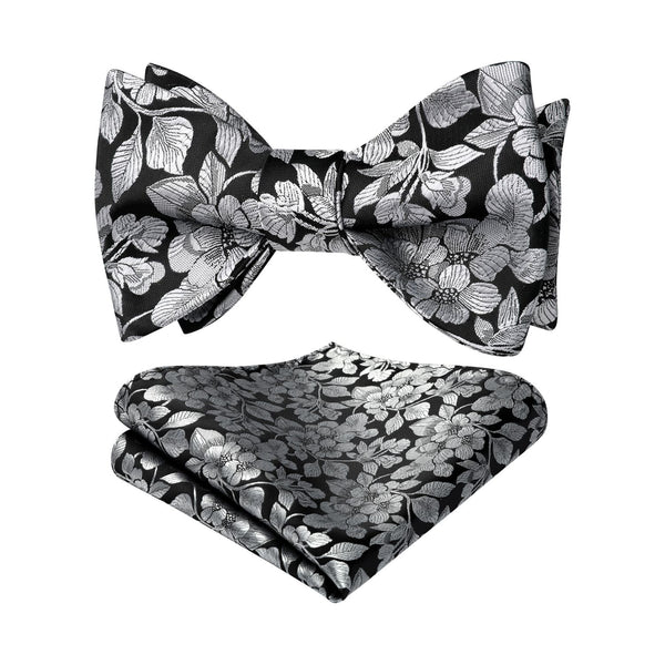 Floral Tie Handkerchief Set - BLACK/SILVER 