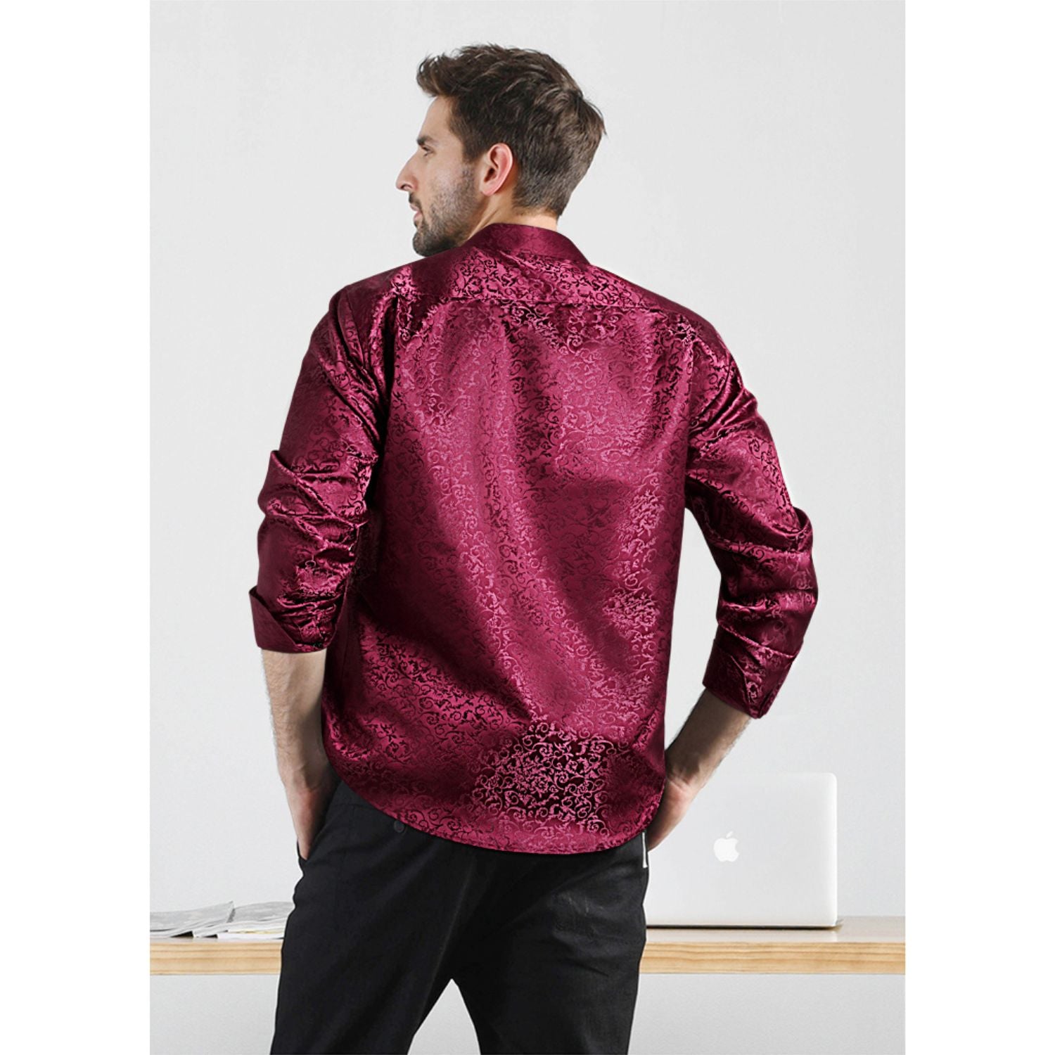 Floral Satin Dress Shirt - 05-BURGUNDY RED