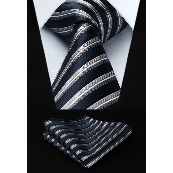 Stripe Tie Handkerchief Set - S-NAVY BLUE 