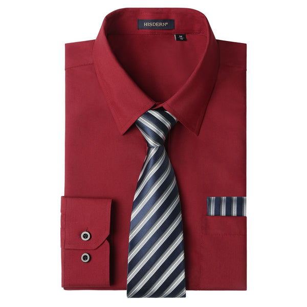 Men's Shirt with Tie Handkerchief Set - 06-DARK RED/NAVY 