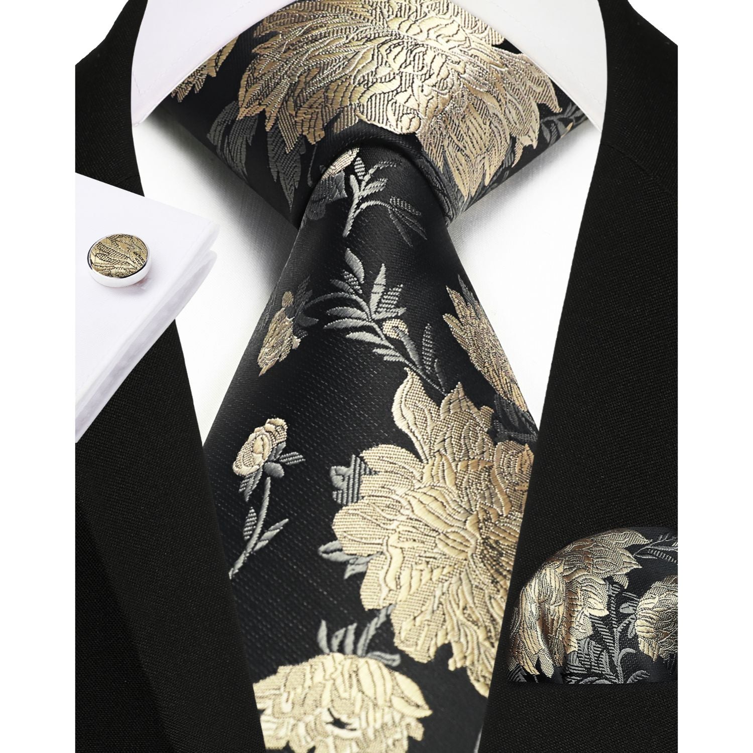 Floral Tie Handkerchief Cufflinks - 1-BLACK FLORAL