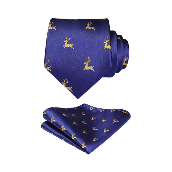 Deer Tie Handkerchief Set - NAVY BLUE/YELLOW 