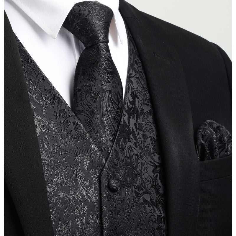 Paisley Floral 4pc Suit Vest Set - A-BLACK1 