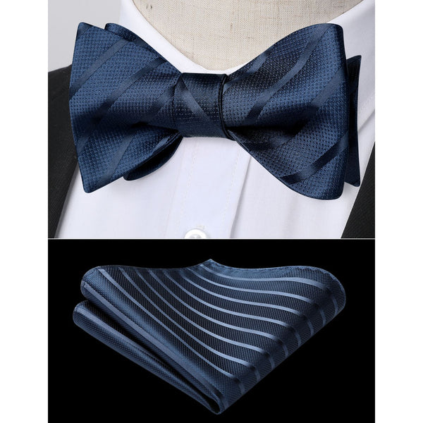 Stripe Bow Tie & Pocket Square - NAVY BLUE 