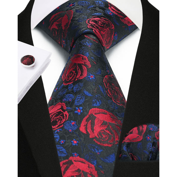 Floral Tie Handkerchief Cufflinks - 1-BLACK RED FLORAL 