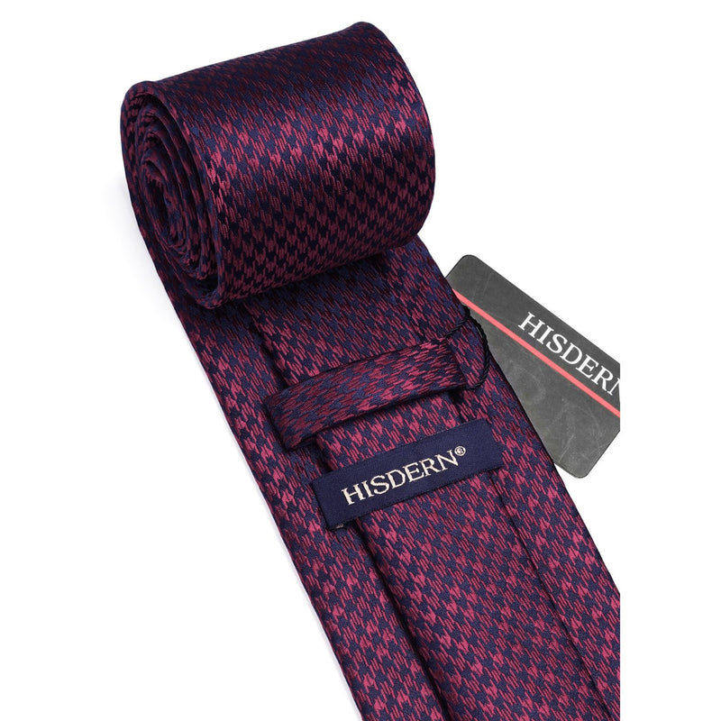 Houndstooth Tie Handkerchief Set - B-04 BURGUNGY/NAVY 
