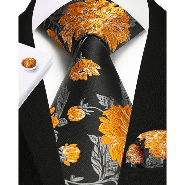Floral Tie Handkerchief Cufflinks - 1-BLACK ORANGE FLORAL 
