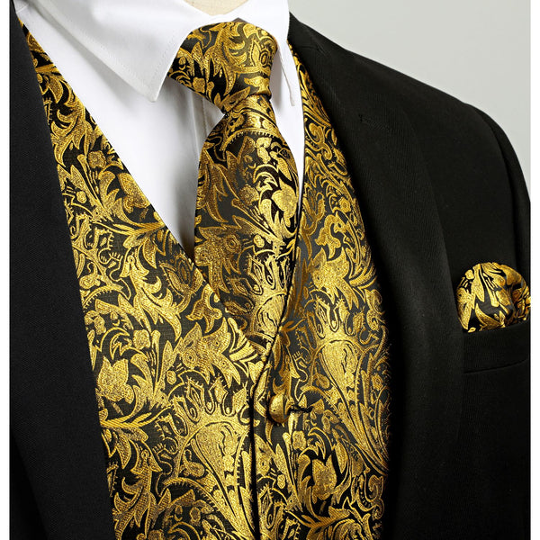 Paisley Floral 4pc Suit Vest Set - F-GOLD/BLACK 
