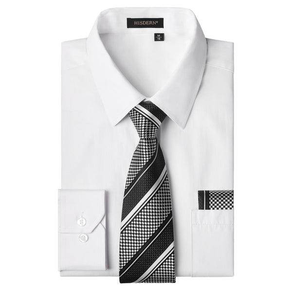 Men's Shirt with Tie Handkerchief Set - 02-WHITE/BLACK 