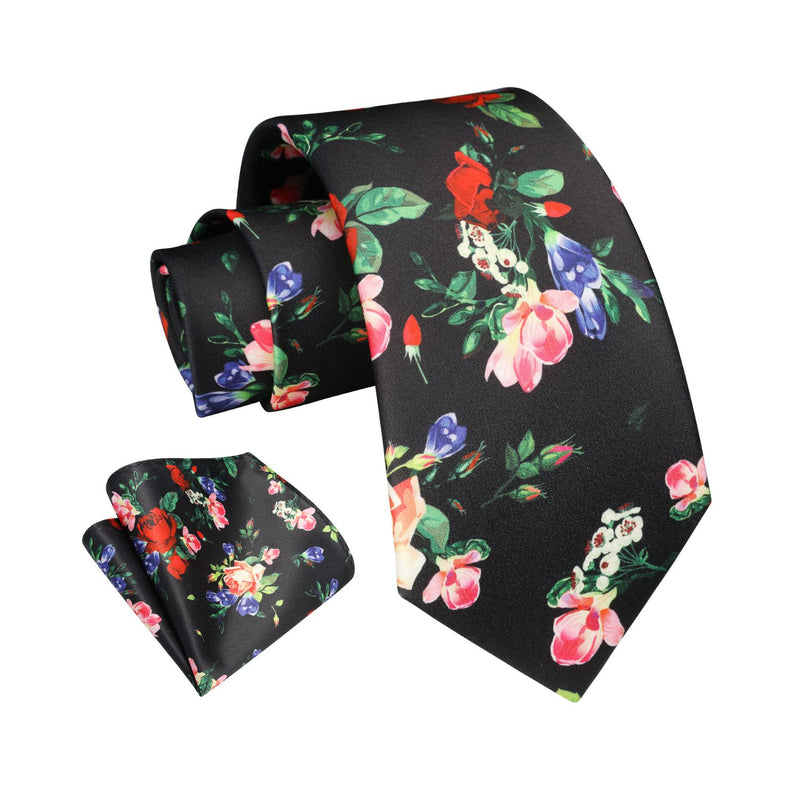 Floral Tie Handkerchief Set - 50 BLACK 