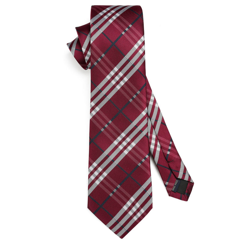 Plaid Tie Handkerchief Set - 062-BURGUNDY/GREY/BLACK 