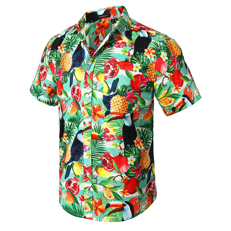 Hawaiian Tropical Shirts with Pocket - AQUA/RED 